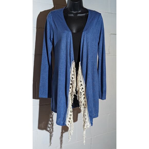 Charming Charlie Crochet Lace Trim Drape Cardigan Open Front Lightweight Medium - Picture 1 of 5